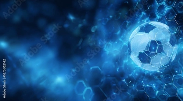 Fototapeta Abstract futuristic blue hexagonal pattern background with soccer ball sphere in space, technological illustration for banner, poster or presentation