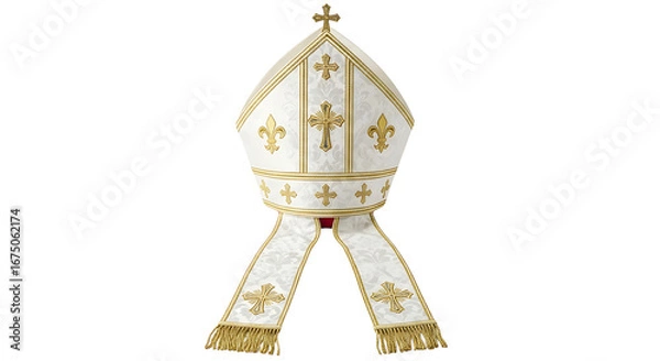 Obraz Elegant white and gold mitre, a symbol of religious authority and tradition.