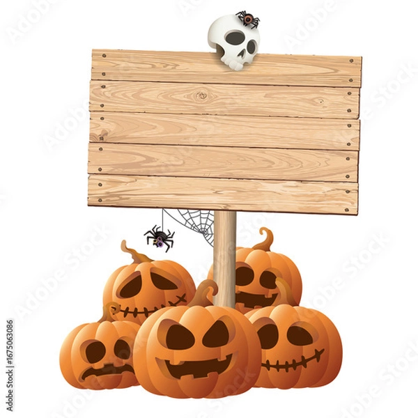 Fototapeta Blank wooden signboard posts with 3D pumpkin Jack-O'-Lantern, skull, spiders and spider webs isolated Halloween concept