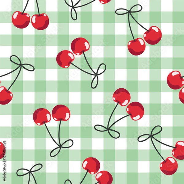 Obraz Cherry berry seamless pattern. Cottage aesthetic. Juicy summer picnic vector background with cherries and gingham check. Bright yummy wallpaper. Fruity sweet food illustration allover repeat print.