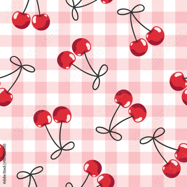 Obraz Cherry berry seamless pattern. Cottage aesthetic. Juicy summer picnic vector background with cherries and gingham check. Bright yummy wallpaper. Fruity sweet food illustration allover repeat print.