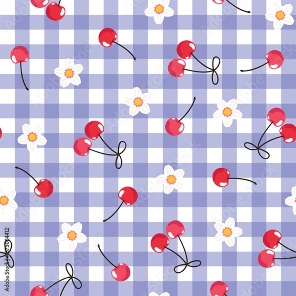 Obraz Cherry berry seamless pattern. Cottage aesthetic. Juicy summer picnic vector background with cherries and gingham check. Bright yummy wallpaper. Fruity sweet food illustration allover repeat print.