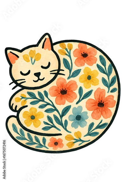 Fototapeta Adorable watercolor illustration of a penguin adorned with floral and botanical patterns, featuring pastel colors and a whimsical, nature-inspired design.