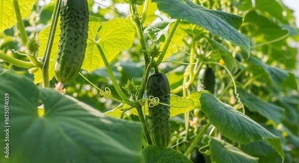 Fototapeta Close-up of cucumber plants with developing cucumbers and tendrils in a greenhouse