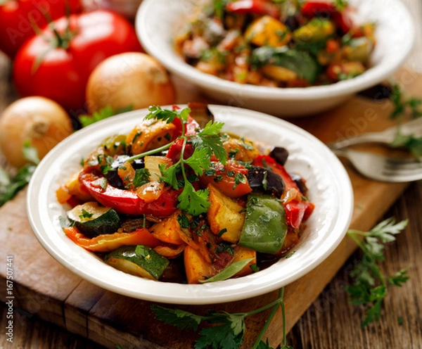 Obraz Ratatouille, gulasz warzywny z cukinii, bakłażanów, papryki, cebuli, czosnku i pomidorów z aromatycznymi ziołami. Tradycyjne francuskie jedzenie