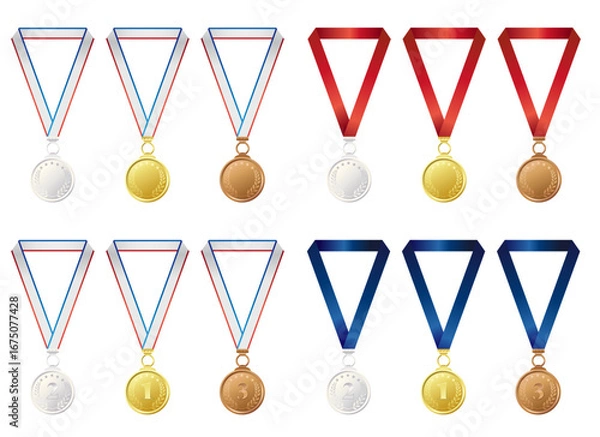 Obraz 金銀銅のメダルのイラストセット。赤と青のリボン。白背景にベクターイラスト。