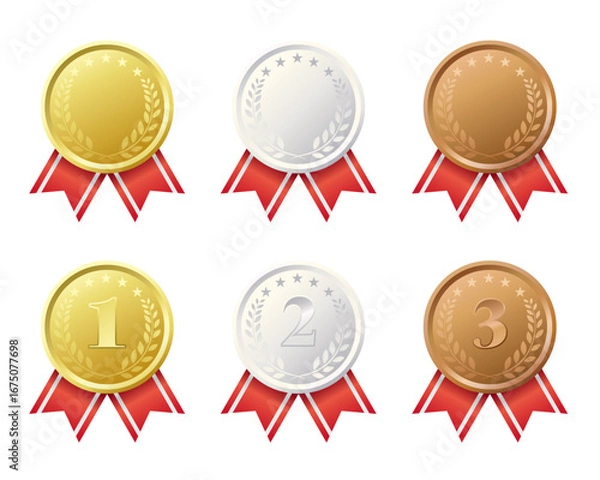 Obraz 金銀銅のメダルのイラストセット。赤いリボンの装飾。白背景にベクターイラスト。