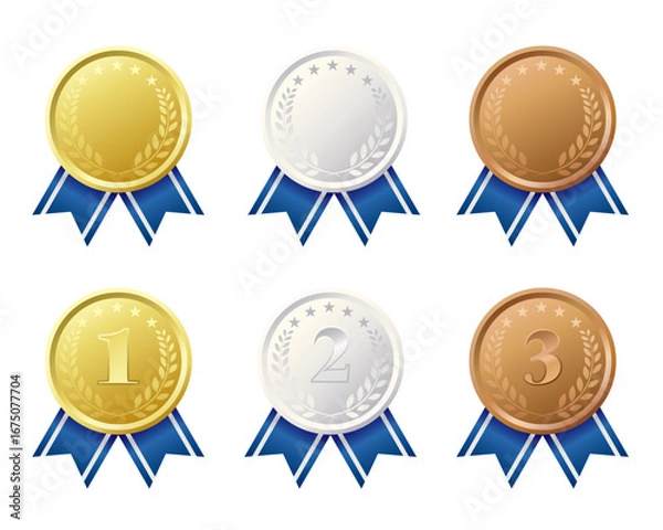 Obraz 金銀銅のメダルのイラストセット。青いリボンの装飾。白背景にベクターイラスト。