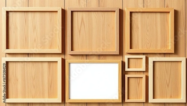 Fototapeta Collection of realistic blank wooden picture frames, modern poster mockup, empty photo frames with wood texture vector illustration,  home decor,  wood