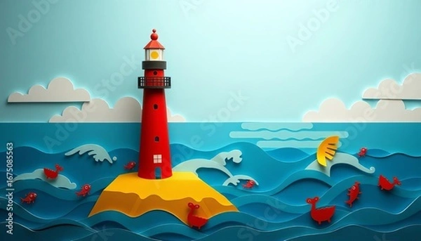 Fototapeta Whimsical paper-cut lighthouse on an ocean with playful waves and sea creatures,  invitation,  fantasy
