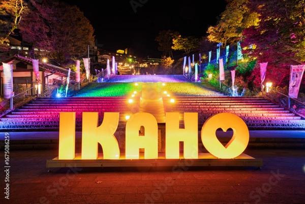 Obraz ライトアップされた夜の伊香保温泉 石段街入口　群馬県渋川市