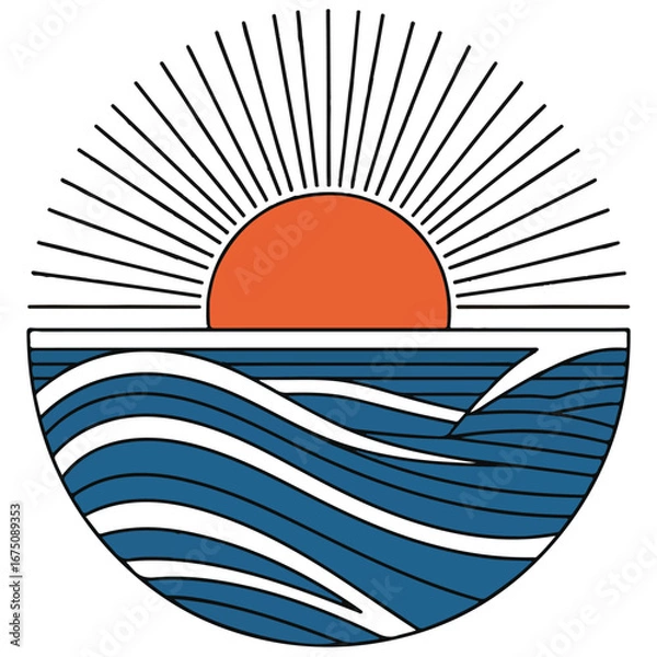 Obraz Minimalist Sunset and Ocean Waves Vector Illustration – Retro Summer Beach Design