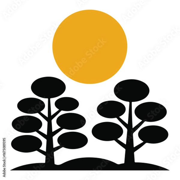 Obraz Minimalist Tree Silhouette with Rising Sun – Modern Nature Vector Art