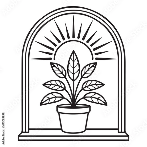 Obraz Potted Plant with Sun Rays – Minimalist Black and White Window Frame Vector Art