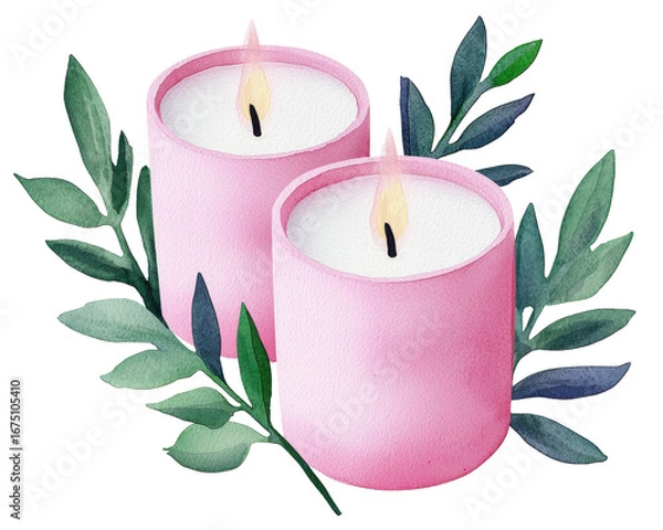 Fototapeta Pink candles with soft flames surrounded by green leaves, creating serene ambiance
