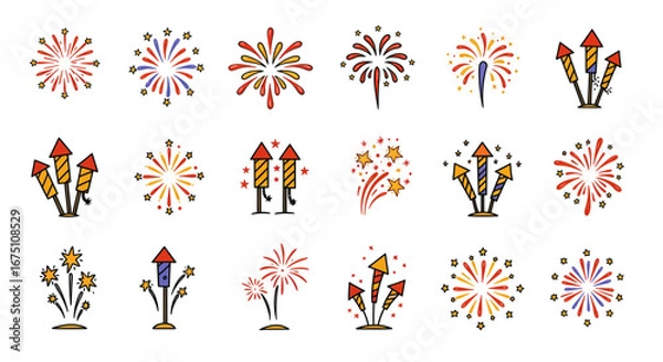 Fototapeta Festive vector icons collection: Bright fireworks and firecrackers illustrations