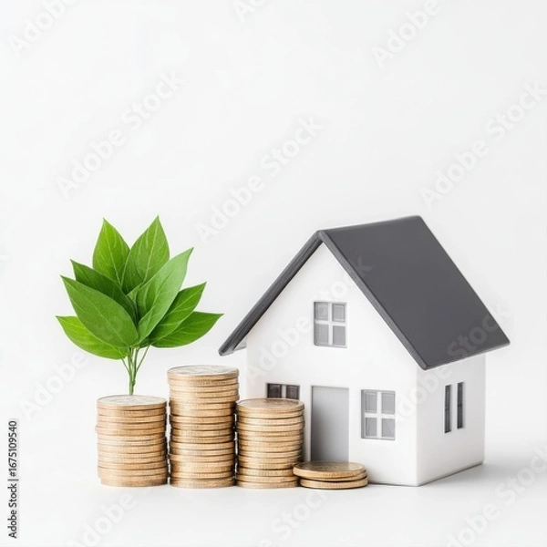 Obraz Concept of Investment in Real Estate with Coins and Green Leaves Displayed