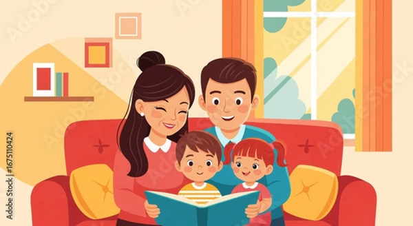 Obraz Happy family reading a book together on a red sofa in their home, showing togetherness, learning, and domestic life. Ideal for themes of parenting, education, and childhood.