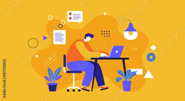 Fototapeta Man working on laptop at desk, illustrating productivity, remote work, and creative problem-solving in a modern office or home setting.