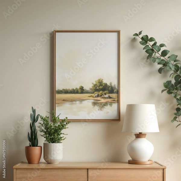 Fototapeta Poster mockup in a modern living room interior. Frame mockup with ISO A paper size. 3D illustration.