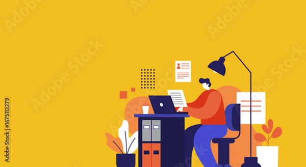 Fototapeta Focused person working diligently on a laptop at a modern desk, illustrating concepts of productivity, remote work, and online education.