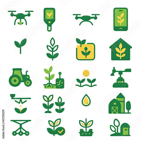Fototapeta Collection modern flat icons representing smart farming, precision agriculture, drone technology. Ideal presentations, websites, applications.