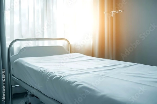 Fototapeta Empty hospital bed in bright room with soft sunlight illuminating clean white sheets