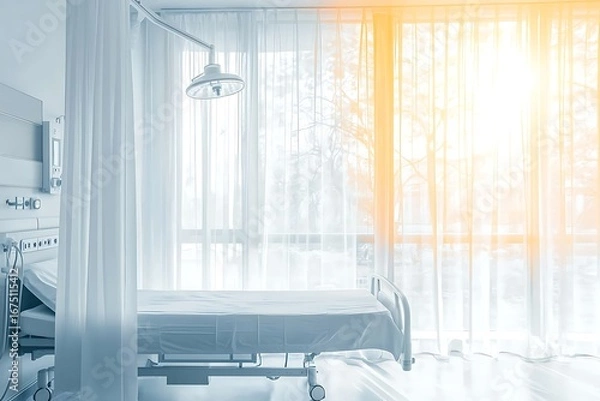 Fototapeta Bright and Serene Hospital Room with Bed, Window, and Soft Natural Light