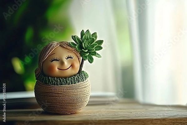 Fototapeta Charming Decor Figurine with Smiling Face and Succulent Plant in Natural Setting