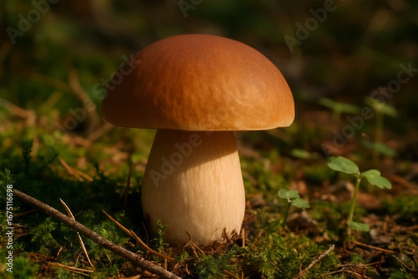 Obraz Wild Mushroom on Mossy Forest Floor with Sunlight