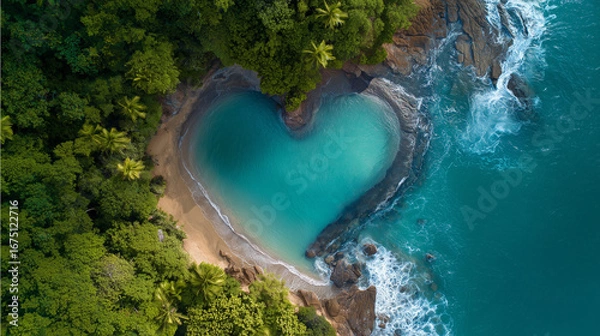 Fototapeta Heart shape in the cliffs with a beach between sand and waves. Drone shot.  