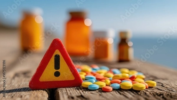 Fototapeta Pills and warning sign by the ocean