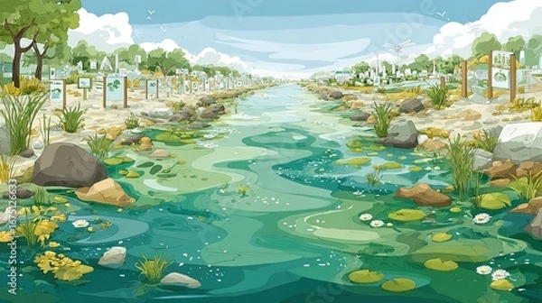Fototapeta  a polluted river becomes clear after treatment, aquatic plants planted along the riverbank, environmental protection signs standing on the shore, background is blue sky and white clouds 