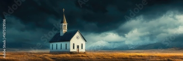 Obraz Solitary Church in a Golden Field with a Stormy Sky