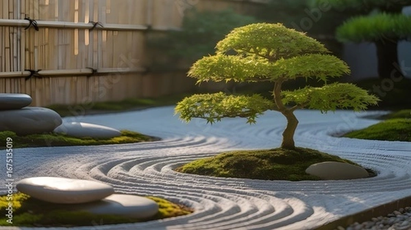 Fototapeta Tranquil japanese zen garden with raked sand and bonsai tree