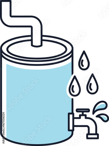 Fototapeta Simple illustration of a water barrel with a spigot and dripping water representing water storage and dispensing
