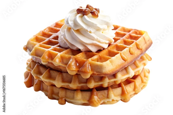 Fototapeta Stack of Waffles with Whipped Cream and Syrup Isolated on Transparent Background