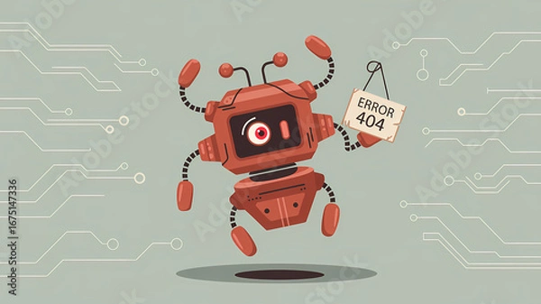 Fototapeta Humorous illustration of a confused nanobot experiencing a system failure, flat art style.
