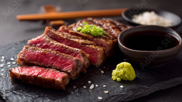 Fototapeta "Sliced wagyu steak served on a slate plate with wasabi, sea salt, and soy sauce, presented in elegant Japanese dining style."