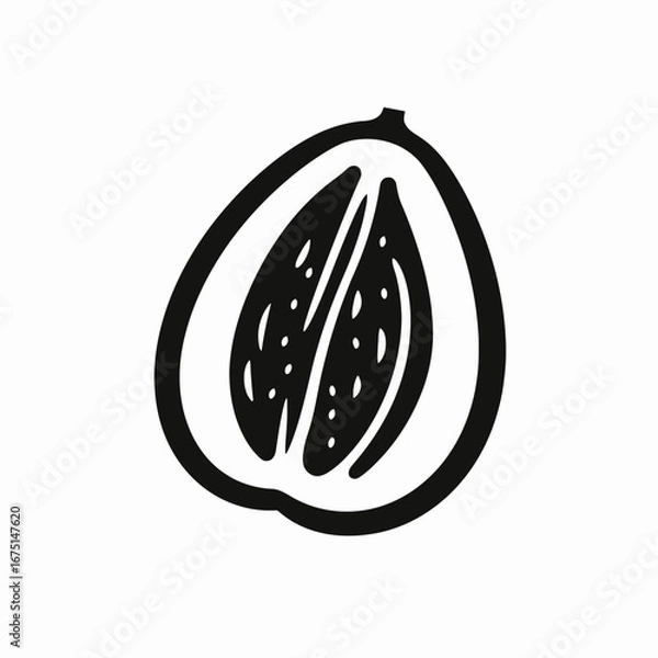 Obraz Stylish open papaya, a tropical food illustration, black monochrome silhouette