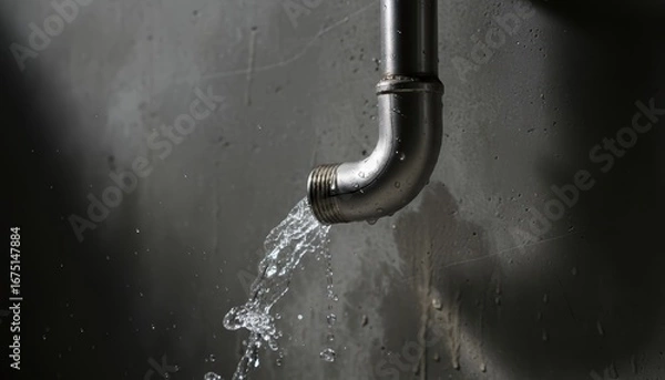 Fototapeta Close-up of a dripping black water pipe pipe leaking water into a dark wall background