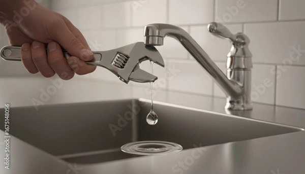 Fototapeta Close-up of hand using adjustable wrench to fix a kitchen sink faucet with water dripping into a