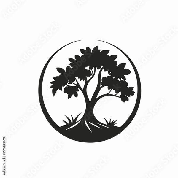 Obraz Round frame encompassing a stylized tree and grass black silhouette