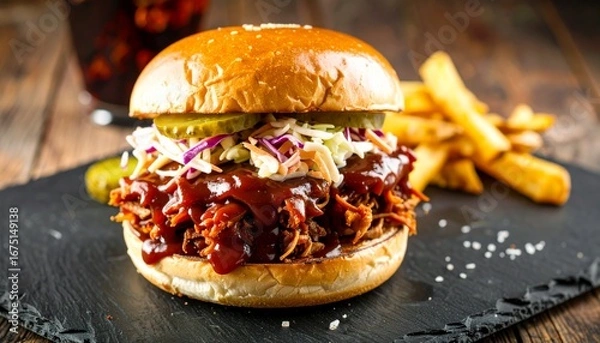 Fototapeta BBQ Pulled Pork Burger.
A juicy beef patty topped with tender pulled pork smothered in tangy BBQ sauce, complemented by creamy coleslaw and pickles, all packed into a soft, lightly toasted bun.