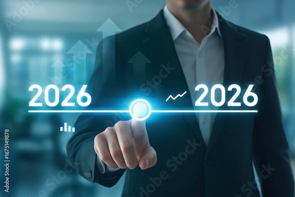 Fototapeta A business professional interacts with a digital interface displaying the year 2026, highlighting potential future growth.