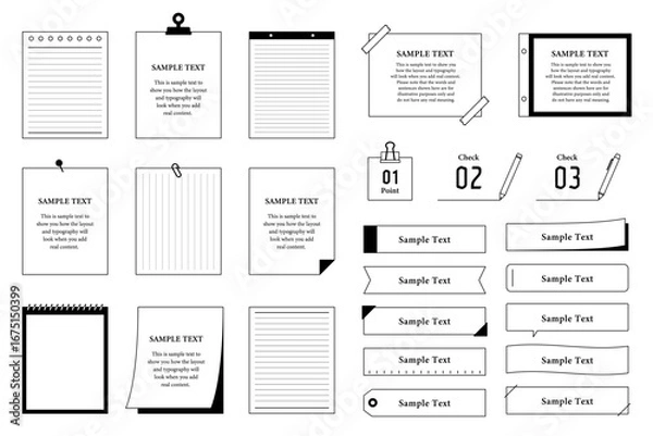 Obraz メモ　ノート　文房具　付箋　ペン　イラスト　ベクター　クリップ　マスキングテープ　フレーム　セット