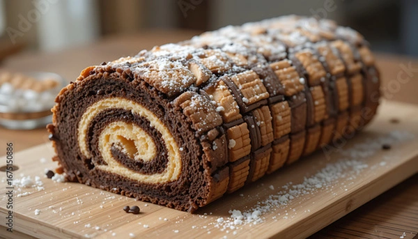 Obraz chocolate swiss roll, gourmet pastry, cake roll with chocolate and cream filling, decadent dessert, wooden cutting board, close-up shot, high-quality food photography, HD image