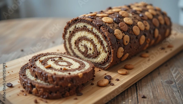 Obraz chocolate cake roll, nutty topping, wood surface, close-up shot, delicious dessert, bakery style, high quality food photography, 4K and HD image