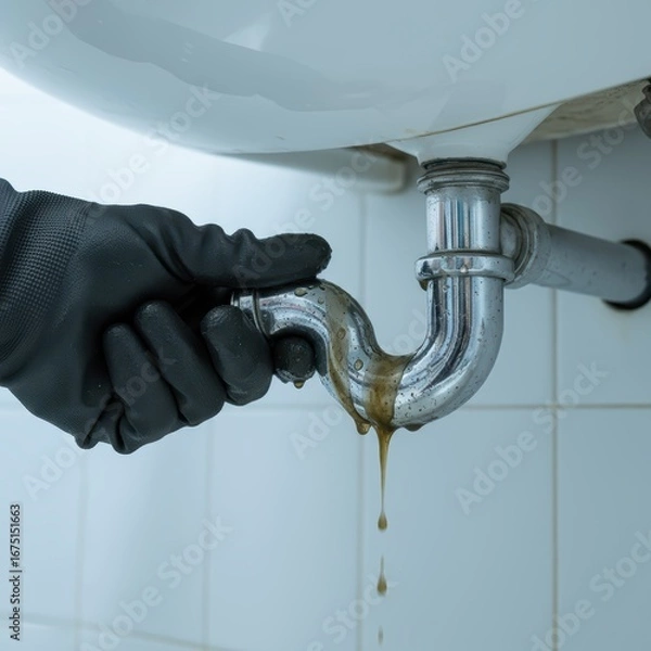 Fototapeta Hand Wearing a Black Glove Fixing a Leaking Pipe Beneath a Sink in a Modern Kitchen Setting