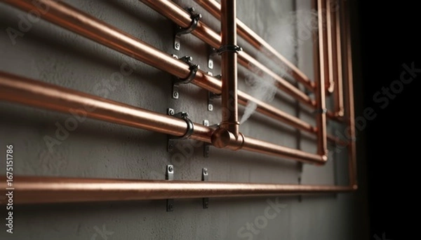 Fototapeta Close-up of an industrial copper pipe network with spray and mounting hardware
